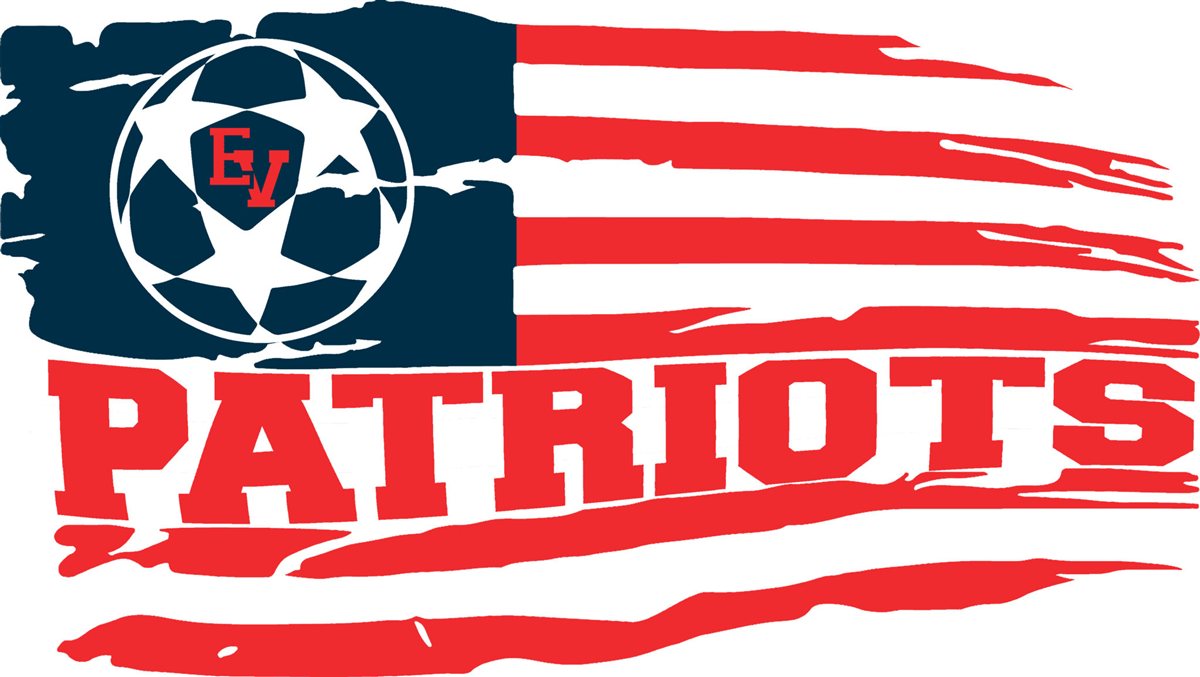 East View Patriots soccer flag: a soccer ball with the EV logo, red and white stripes, and the word PATRIOTS